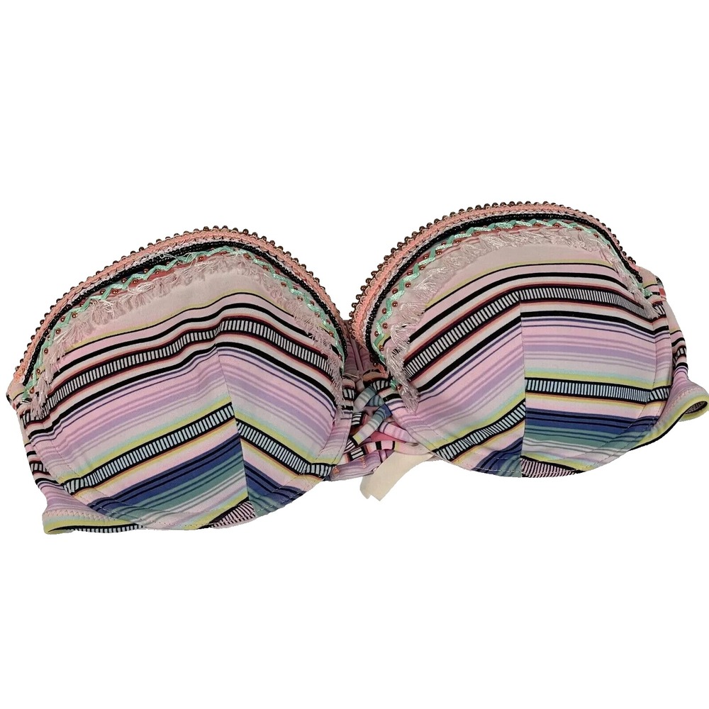 Victoria's Secret Beach Bandeau Bra Womens 32DD Multicolor Tassel Striped Beaded